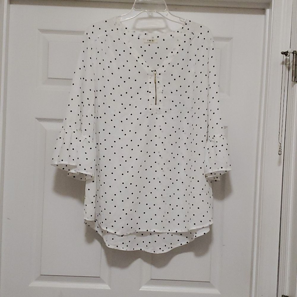 ComoβBlu womens 2X black white polka dot 1/4 zip sheer blouse